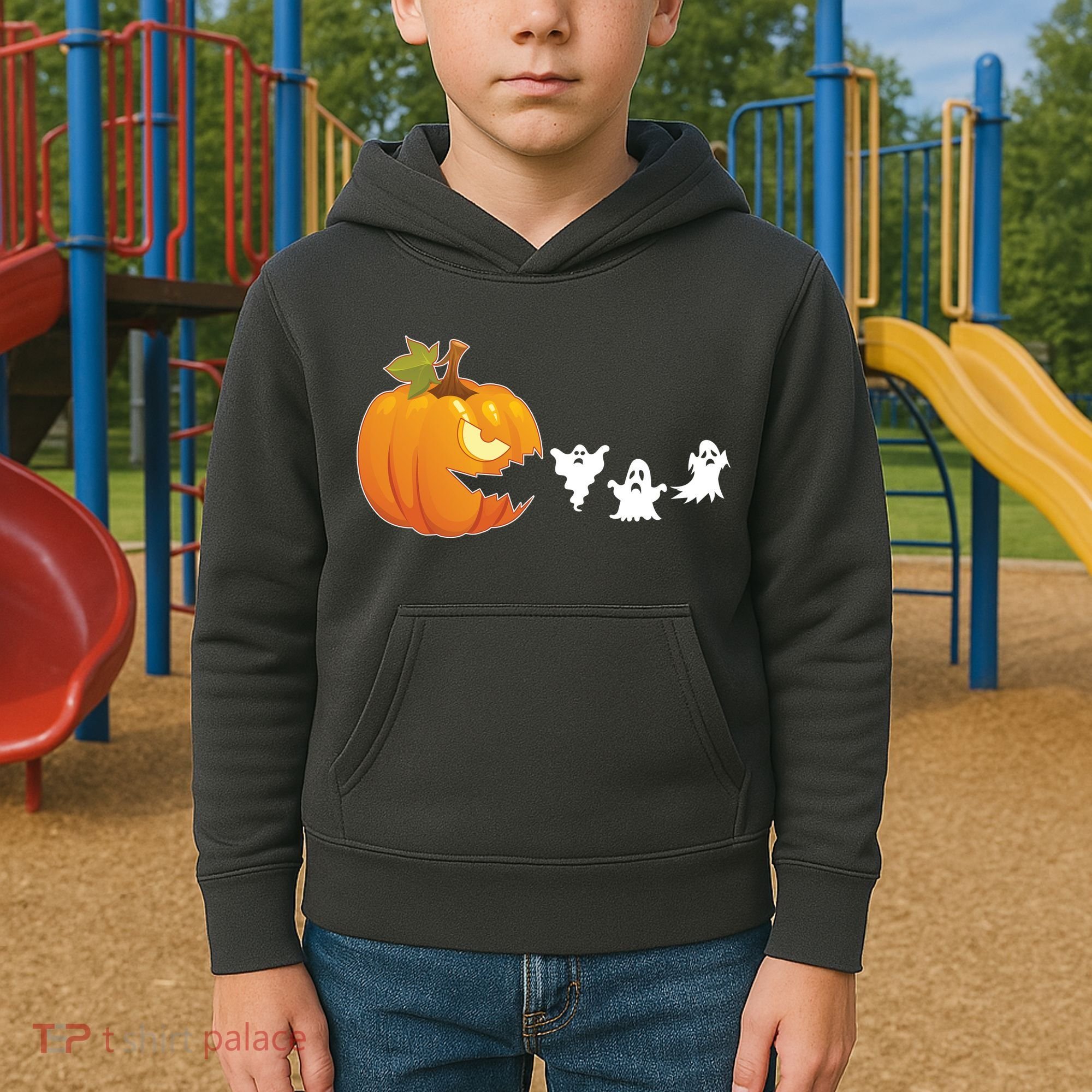 Funny Halloween Pac Man Pumpkin Ghost Kids Hoodie