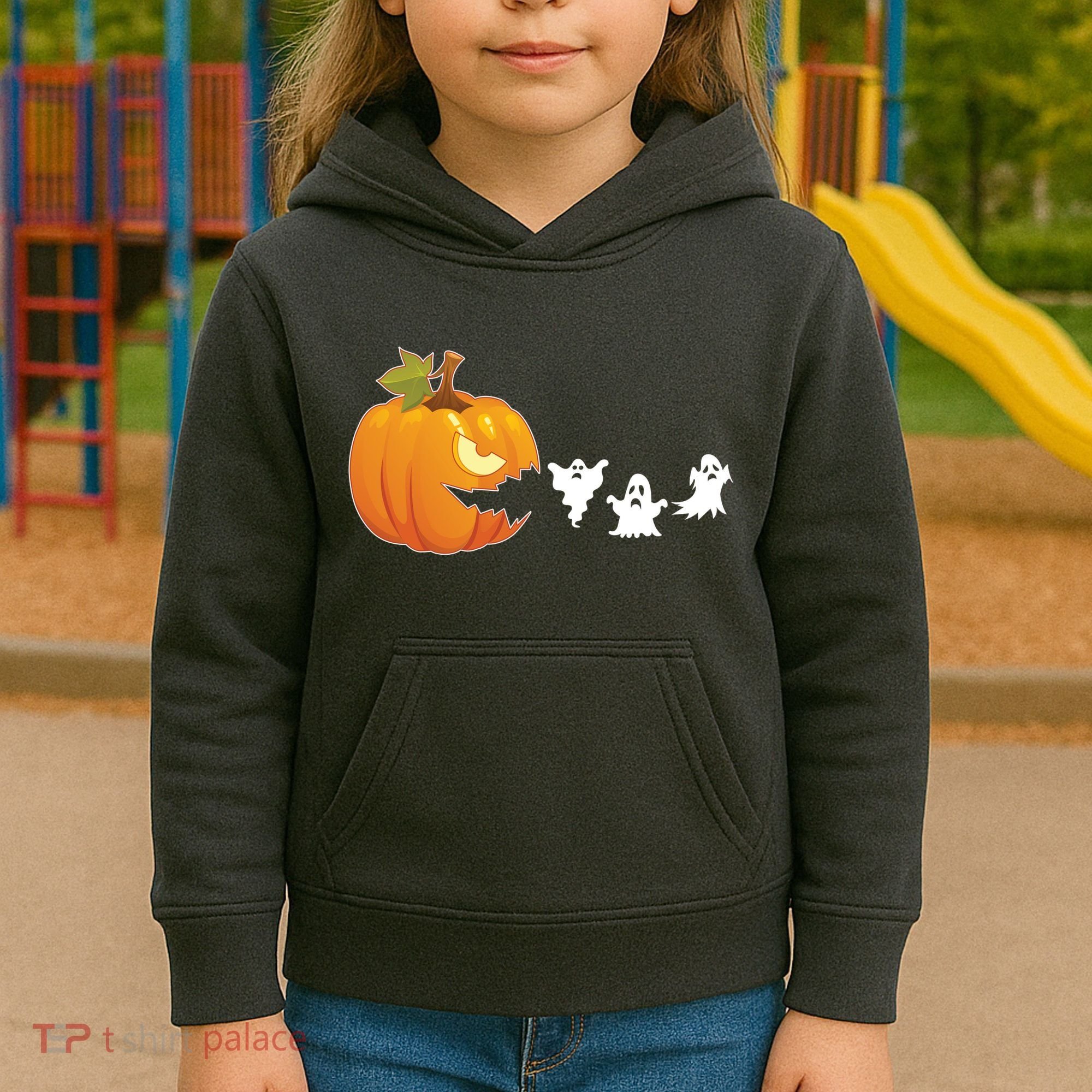 Funny Halloween Pac Man Pumpkin Ghost Kids Hoodie