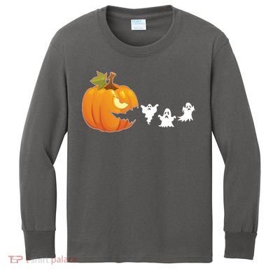 Funny Halloween Pac Man Pumpkin Ghost Kids Long Sleeve Shirt
