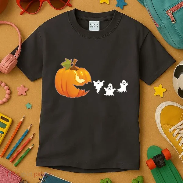 Funny Halloween Pac Man Pumpkin Ghost Kids T-Shirt
