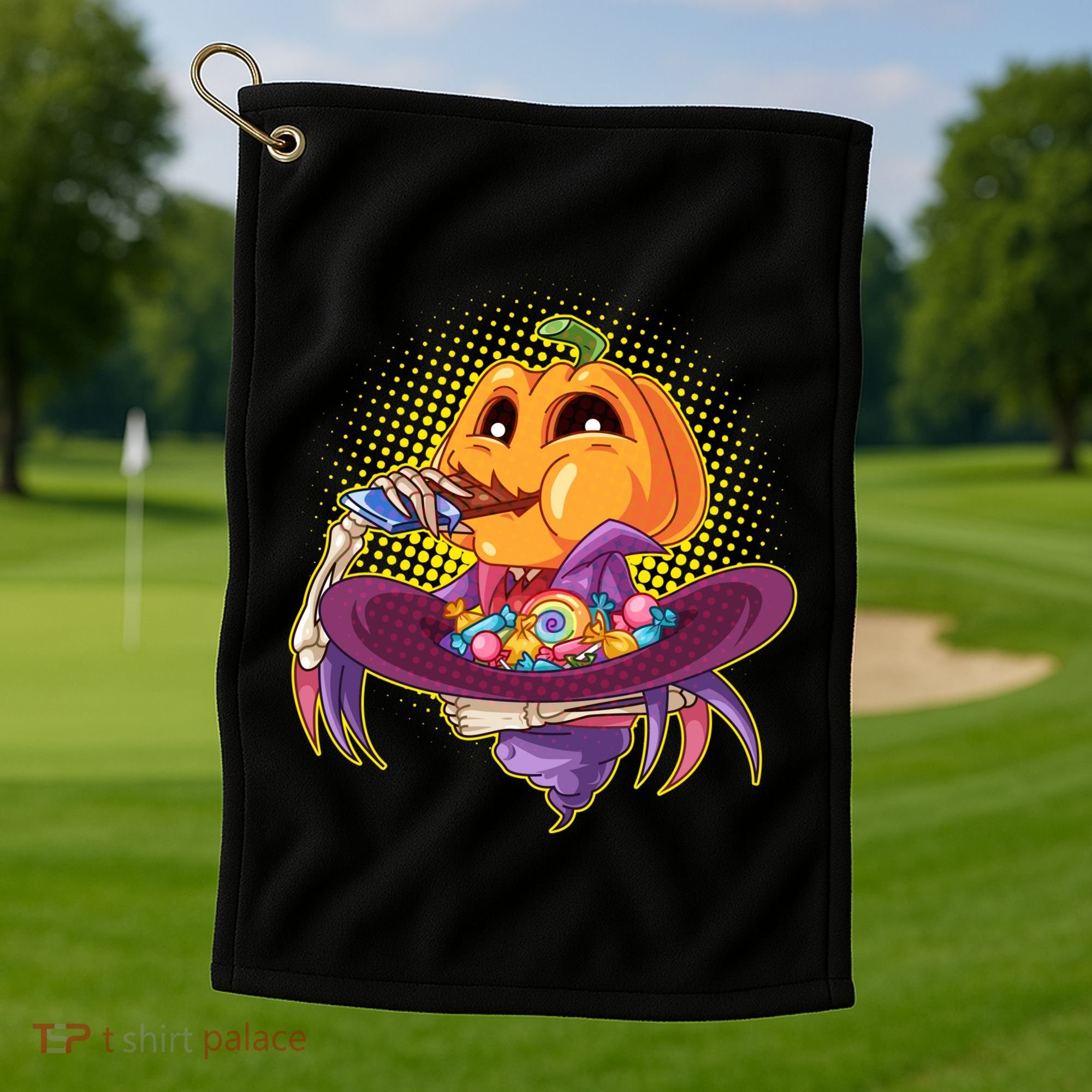 Funny Halloween Pumpkin Head Eating Candy Golf Towel