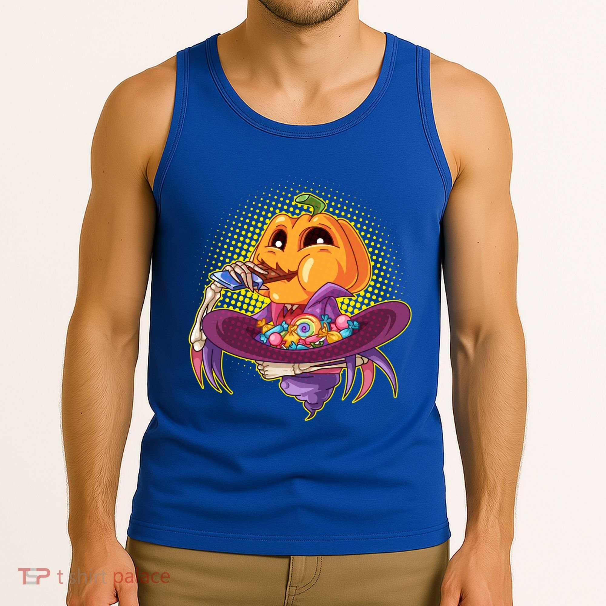 Funny Halloween Pumpkin Head Eating Candy Tank Top