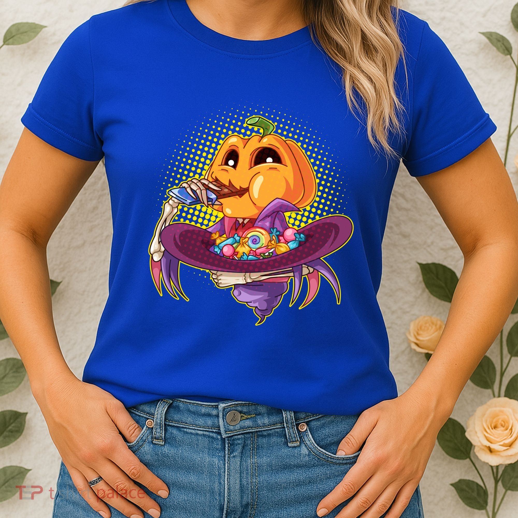 Funny Halloween Pumpkin Head Eating Candy Women's T-Shirt
