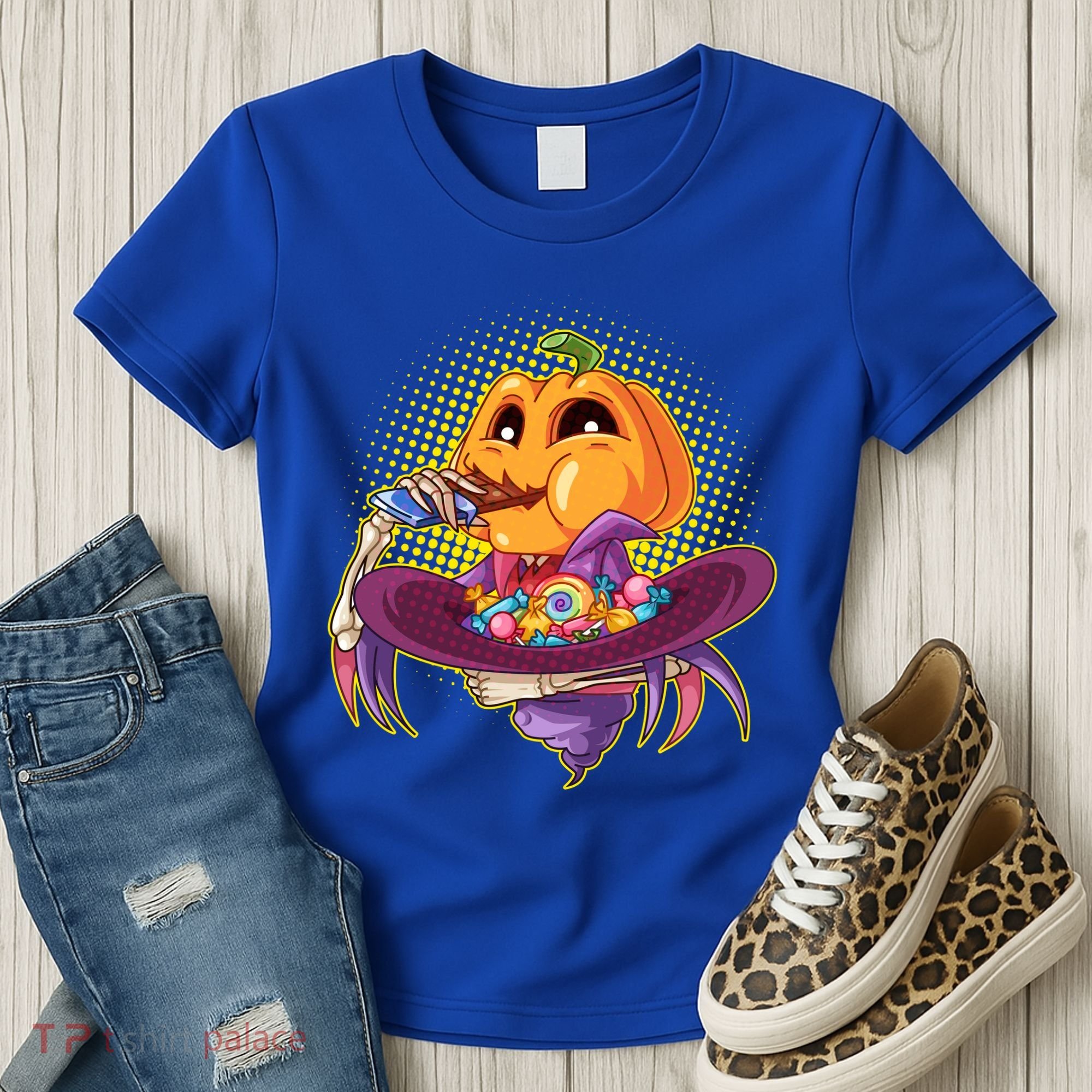 Funny Halloween Pumpkin Head Eating Candy Women's T-Shirt