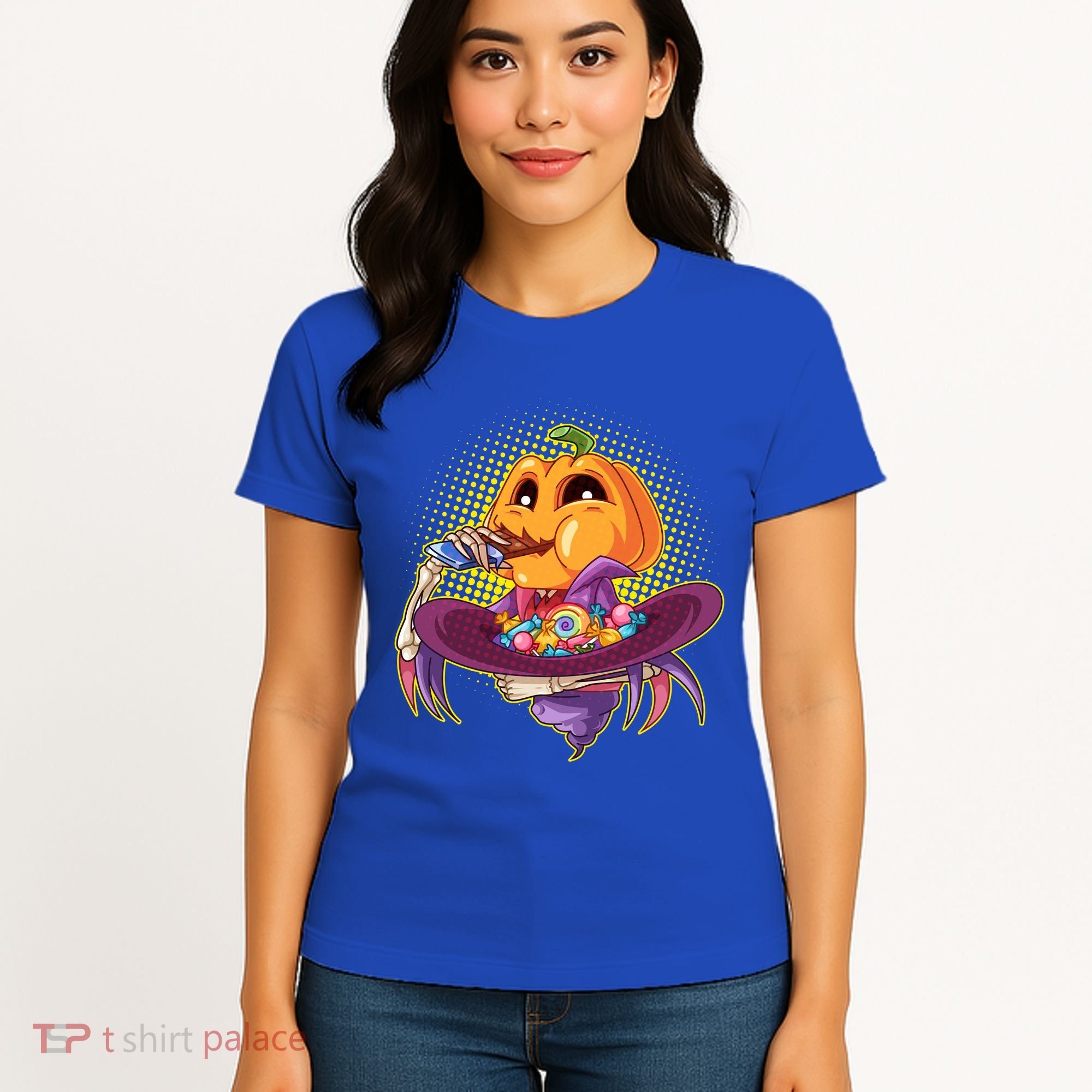 Funny Halloween Pumpkin Head Eating Candy Women's T-Shirt