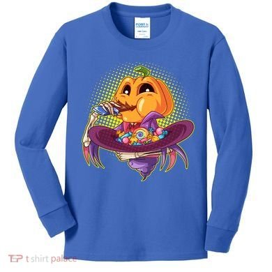 Funny Halloween Pumpkin Head Eating Candy Kids Long Sleeve Shirt
