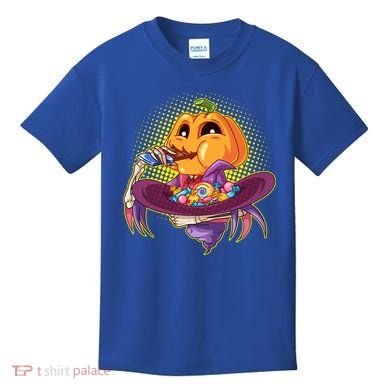 Funny Halloween Pumpkin Head Eating Candy Kids T-Shirt
