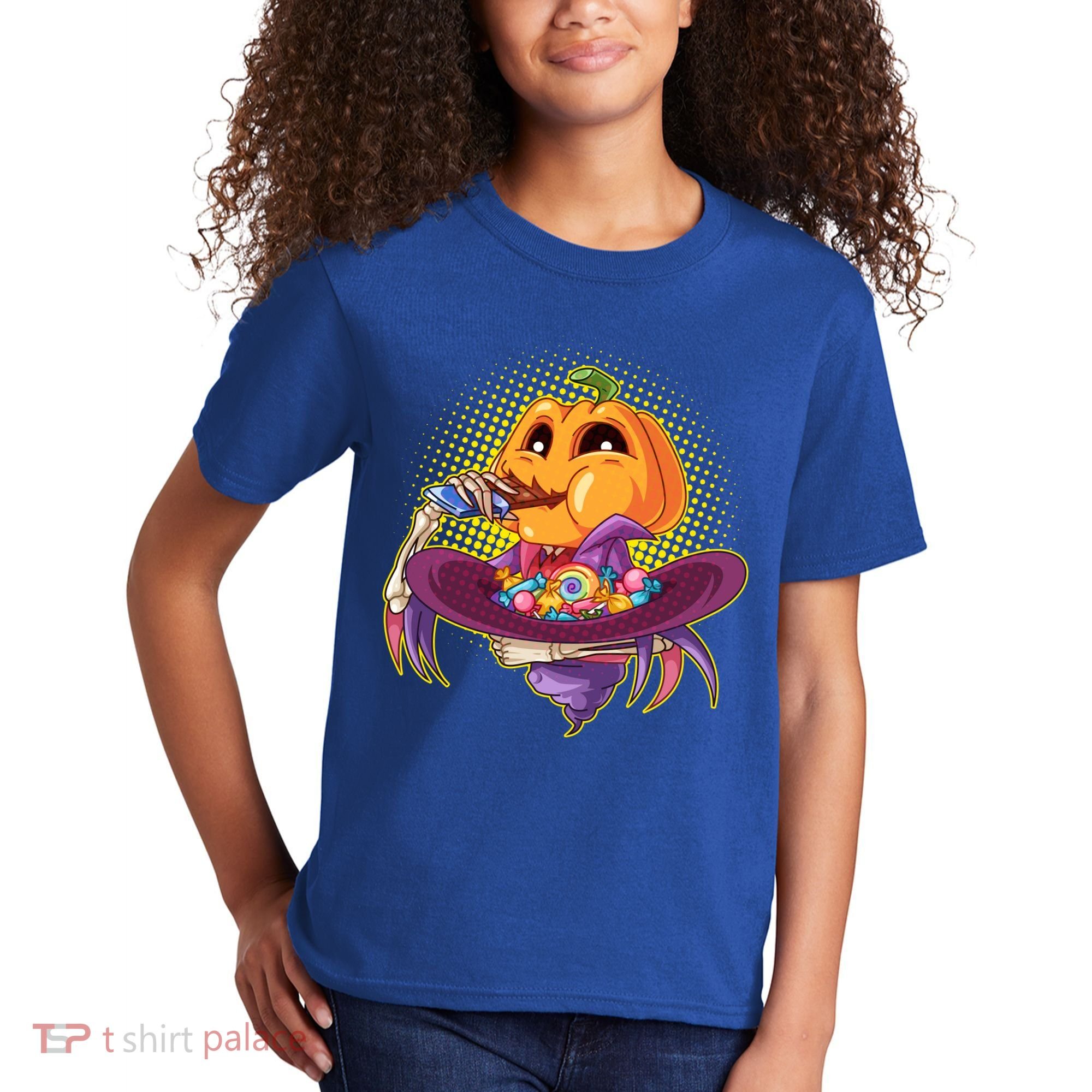 Funny Halloween Pumpkin Head Eating Candy Kids T-Shirt