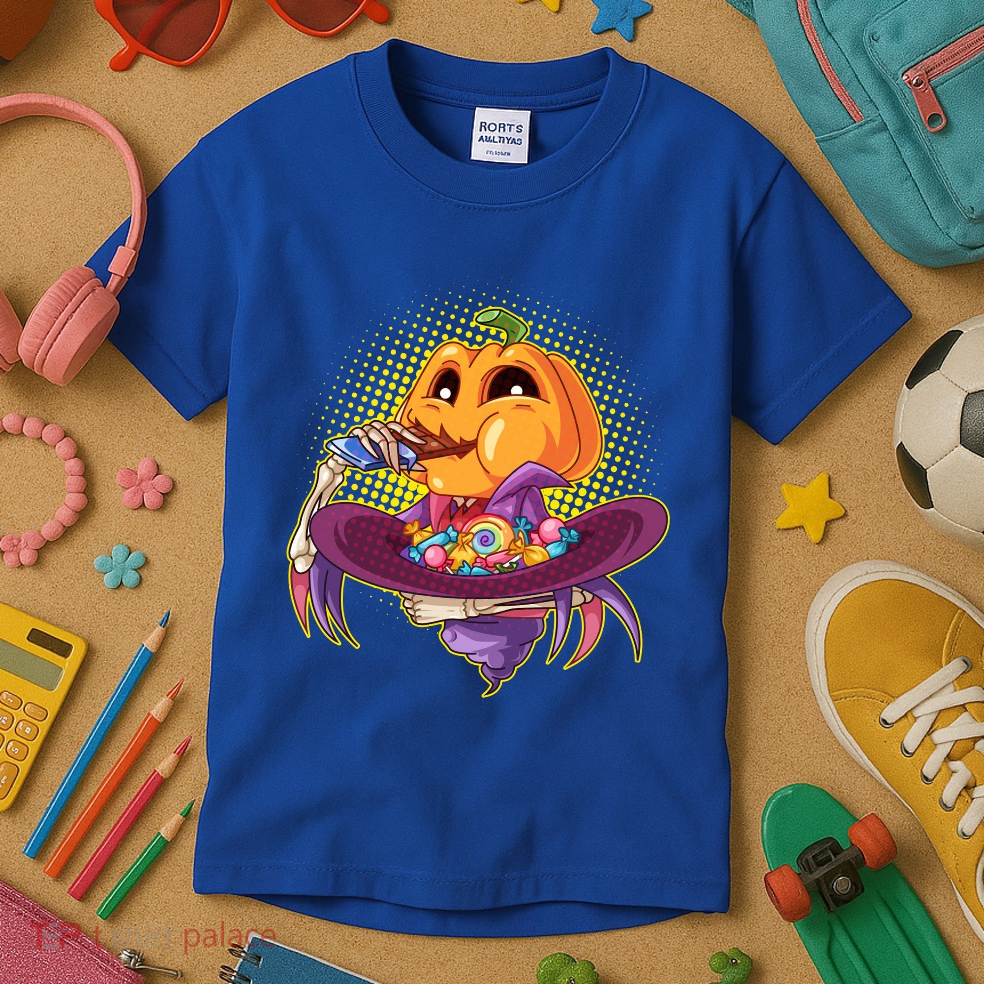Funny Halloween Pumpkin Head Eating Candy Kids T-Shirt
