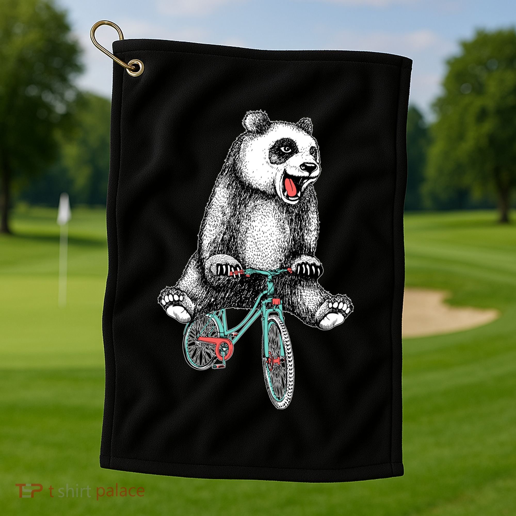Funny Happy Panda On Bike Bicycle Golf Towel