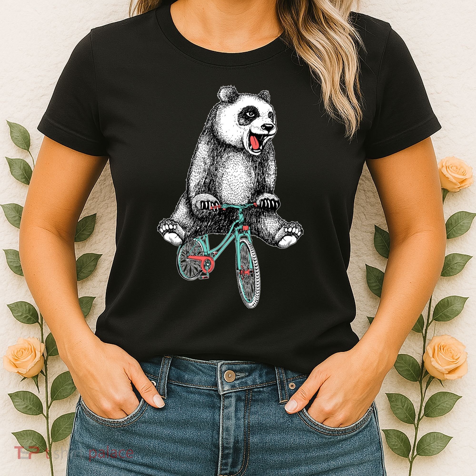 Funny Happy Panda On Bike Bicycle Women's T-Shirt