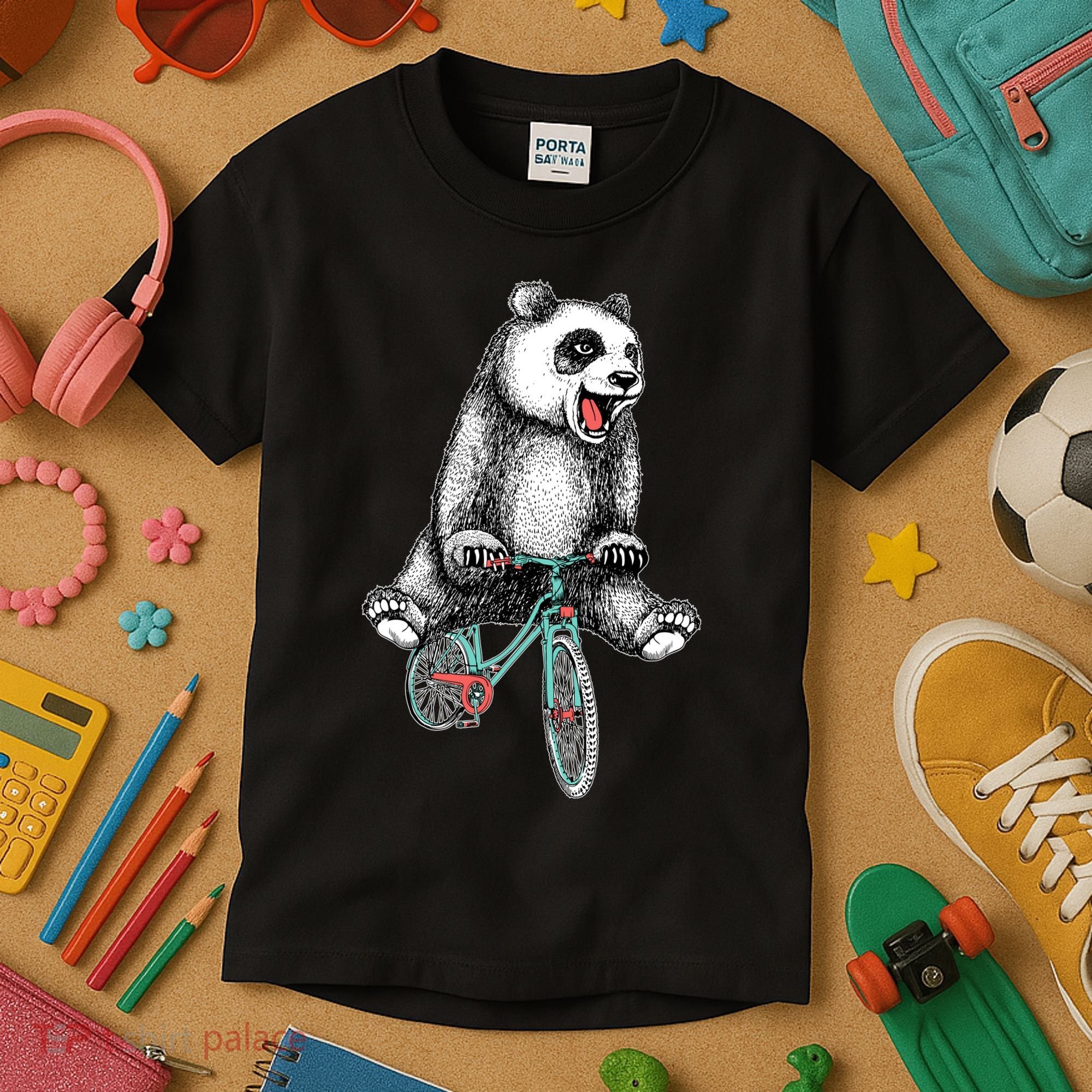 Funny Happy Panda On Bike Bicycle Kids T-Shirt