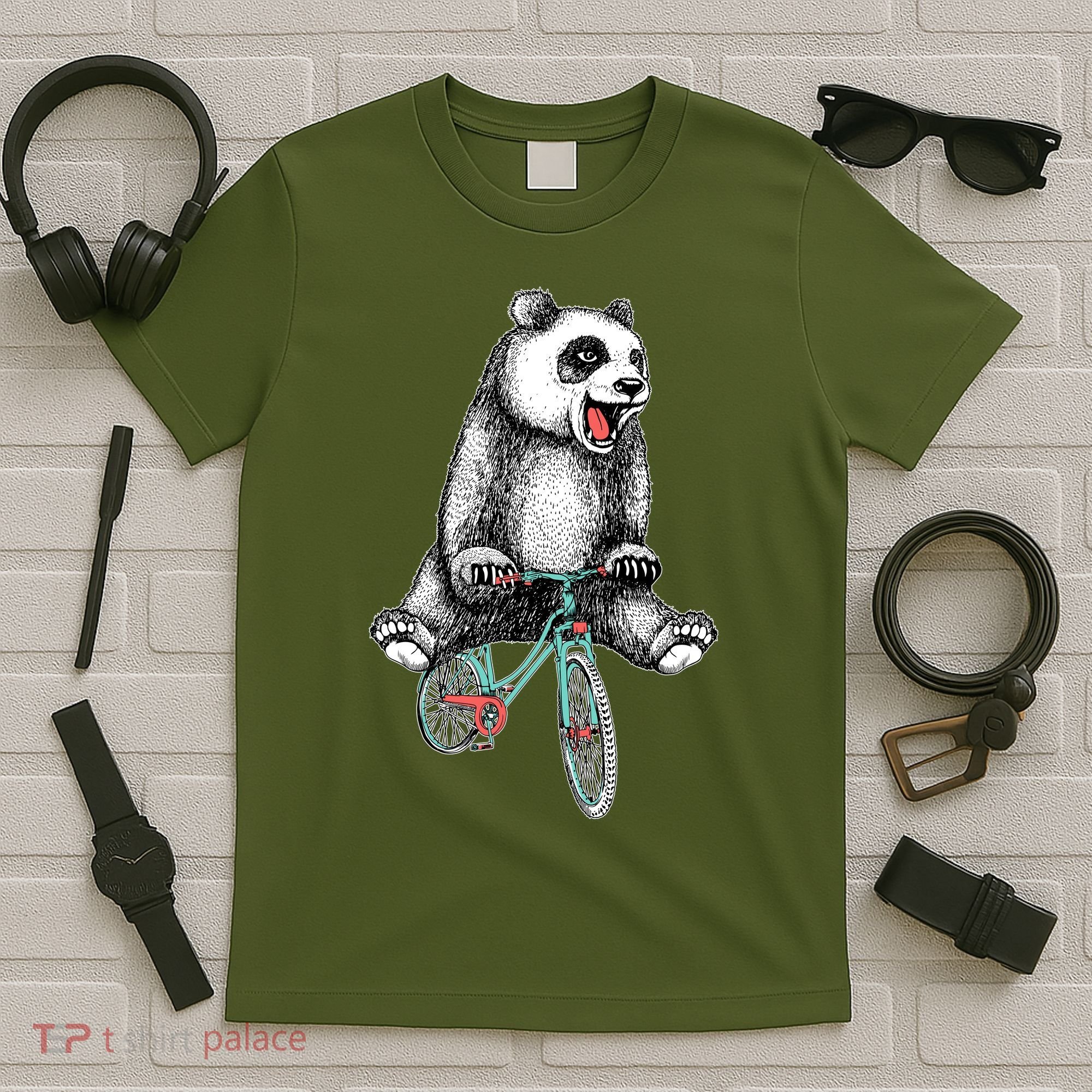 Funny Happy Panda On Bike Bicycle T-Shirt