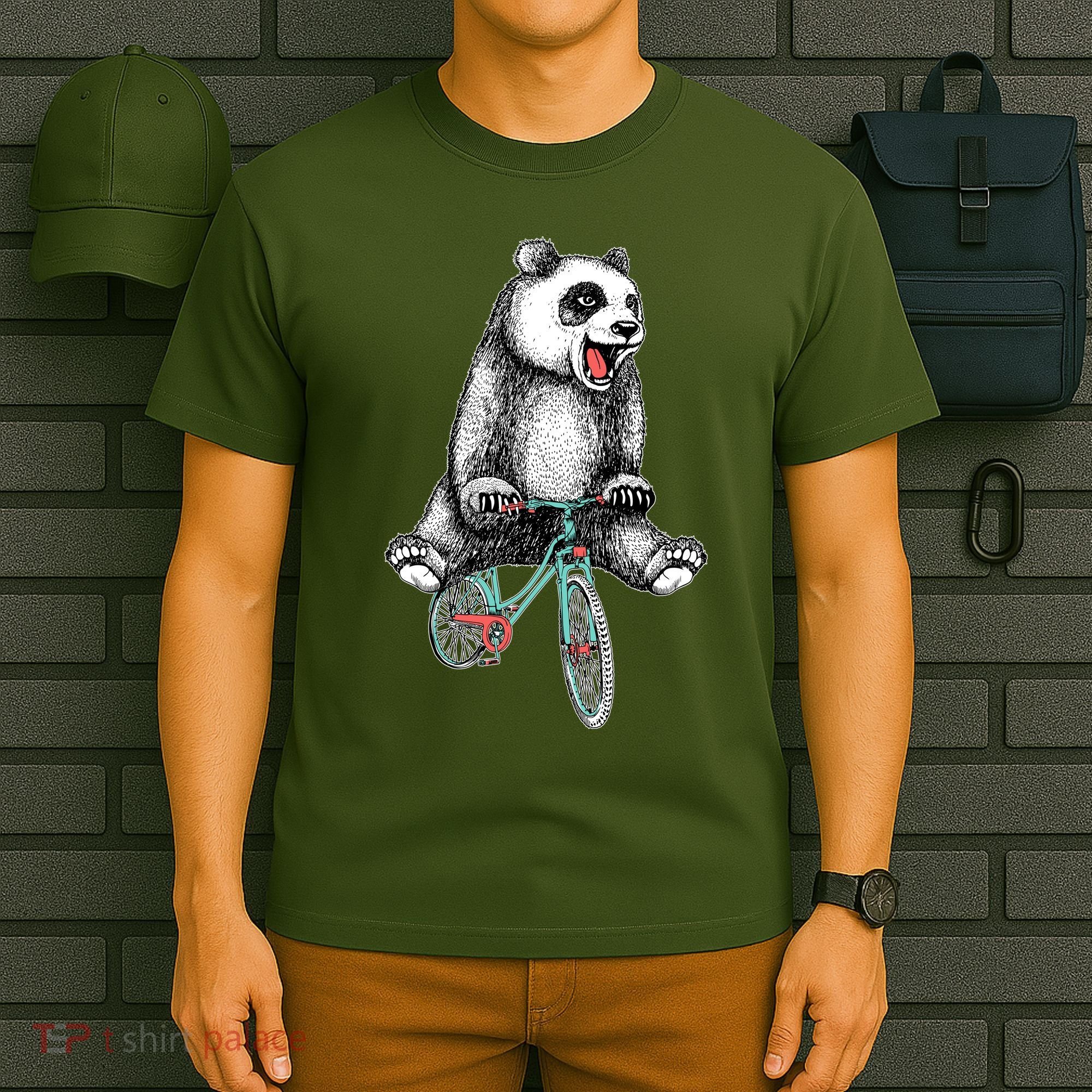 Funny Happy Panda On Bike Bicycle T-Shirt