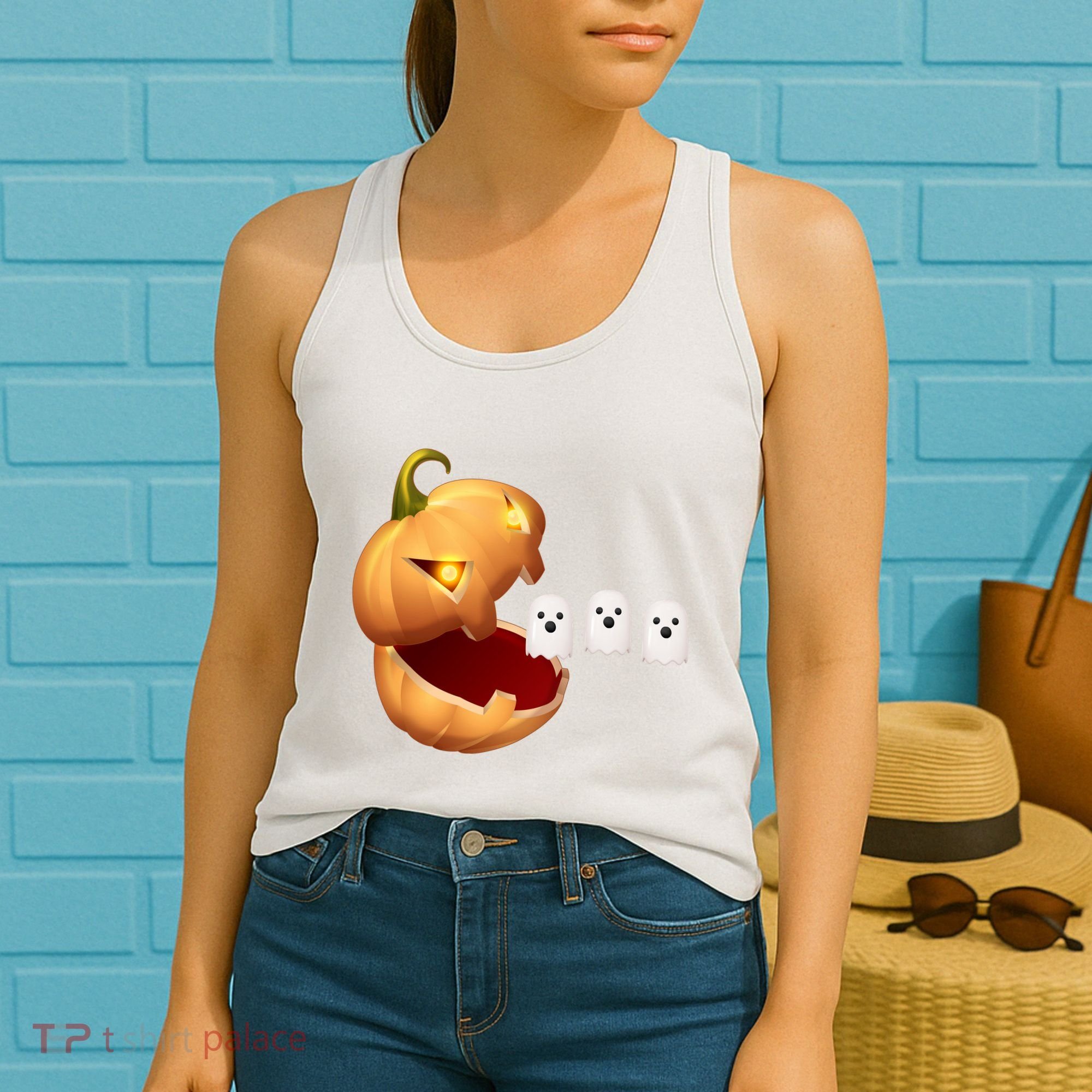 Funny Halloween Pumpkin Eating Ghost Women's Tank Top