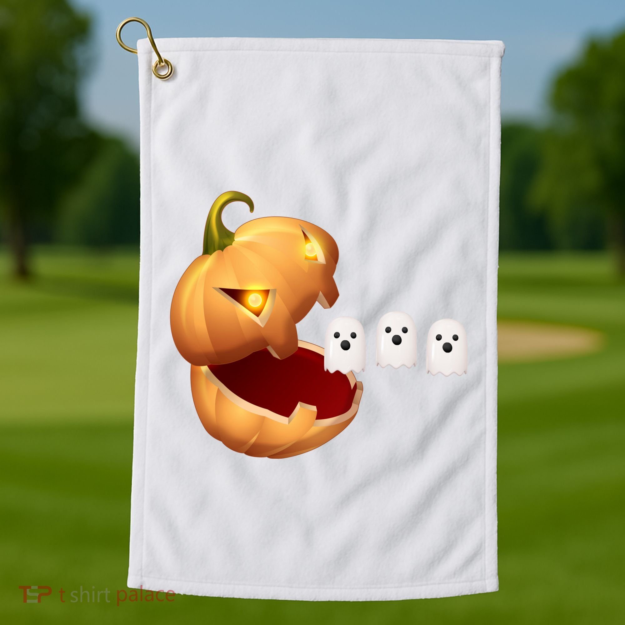 Funny Halloween Pumpkin Eating Ghost Golf Towel