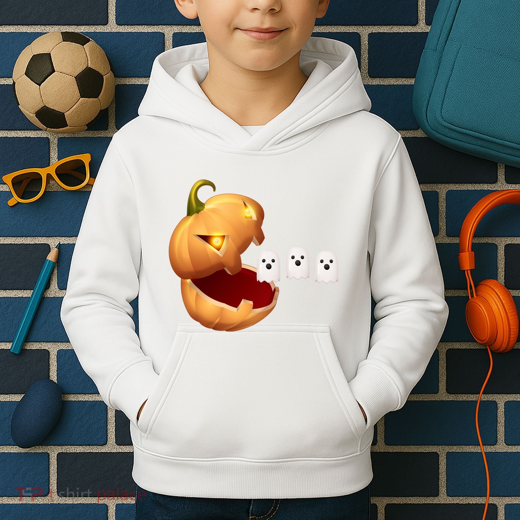 Funny Halloween Pumpkin Eating Ghost Kids Hoodie