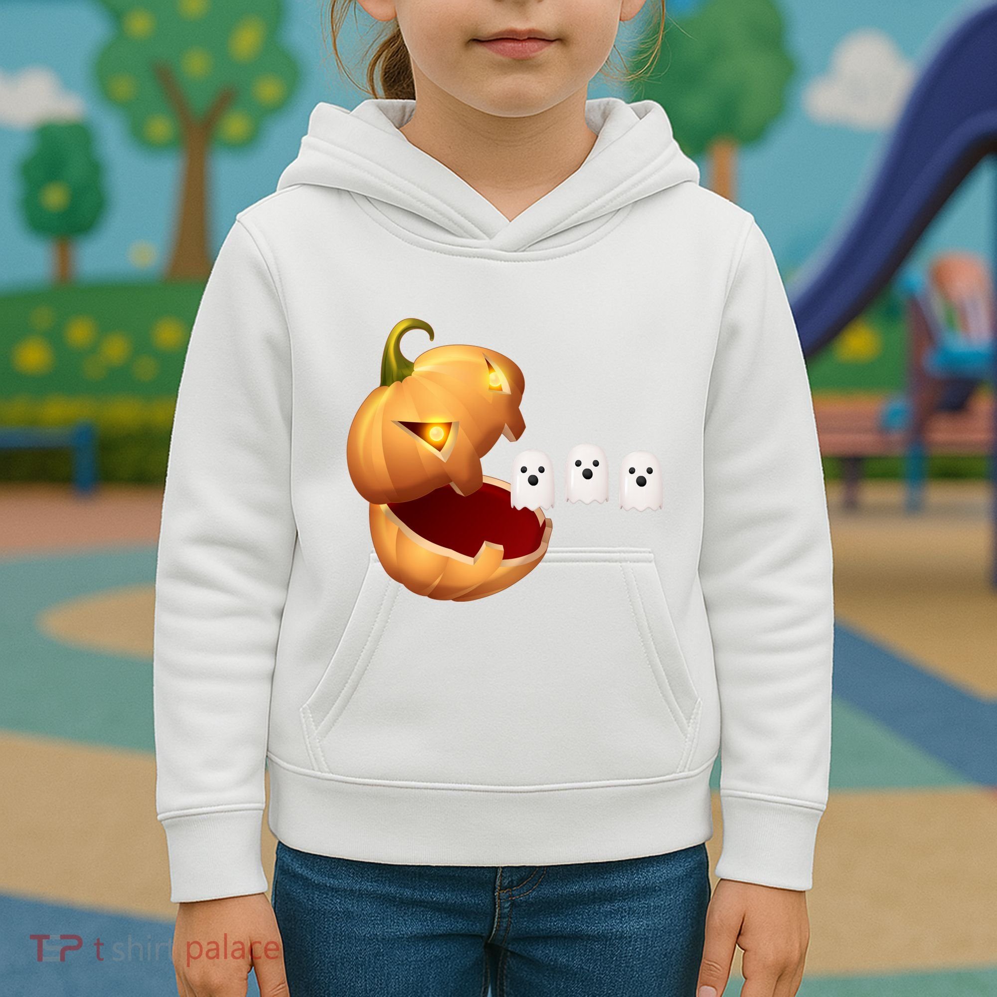 Funny Halloween Pumpkin Eating Ghost Kids Hoodie
