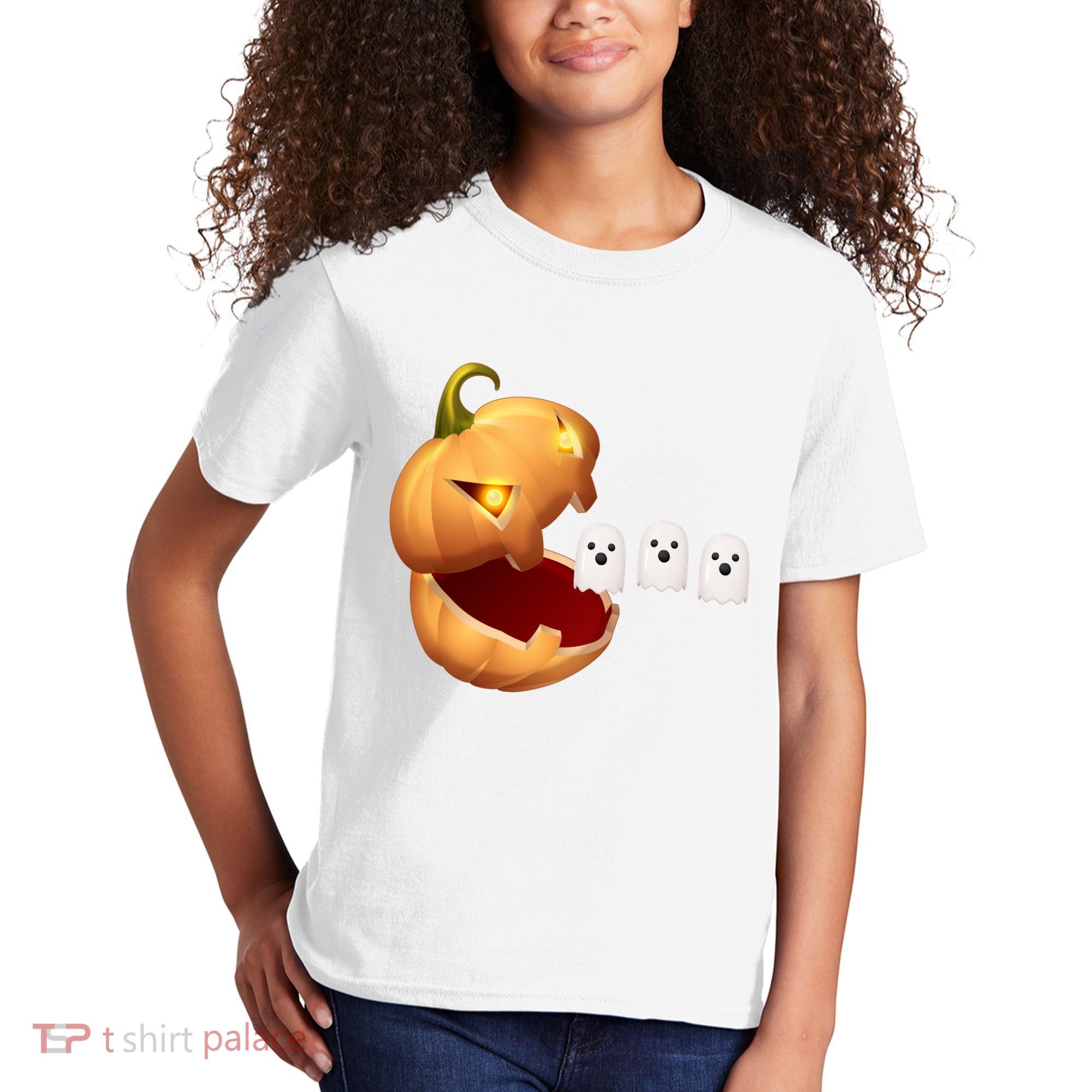Funny Halloween Pumpkin Eating Ghost Kids T-Shirt