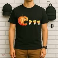 Funny Halloween Pumpkin Jack O Lantern Eating Candy Corn T-Shirt thumb 6