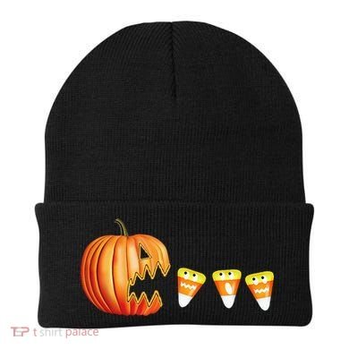 Funny Halloween Pumpkin Jack O Lantern Eating Candy Corn Beanie