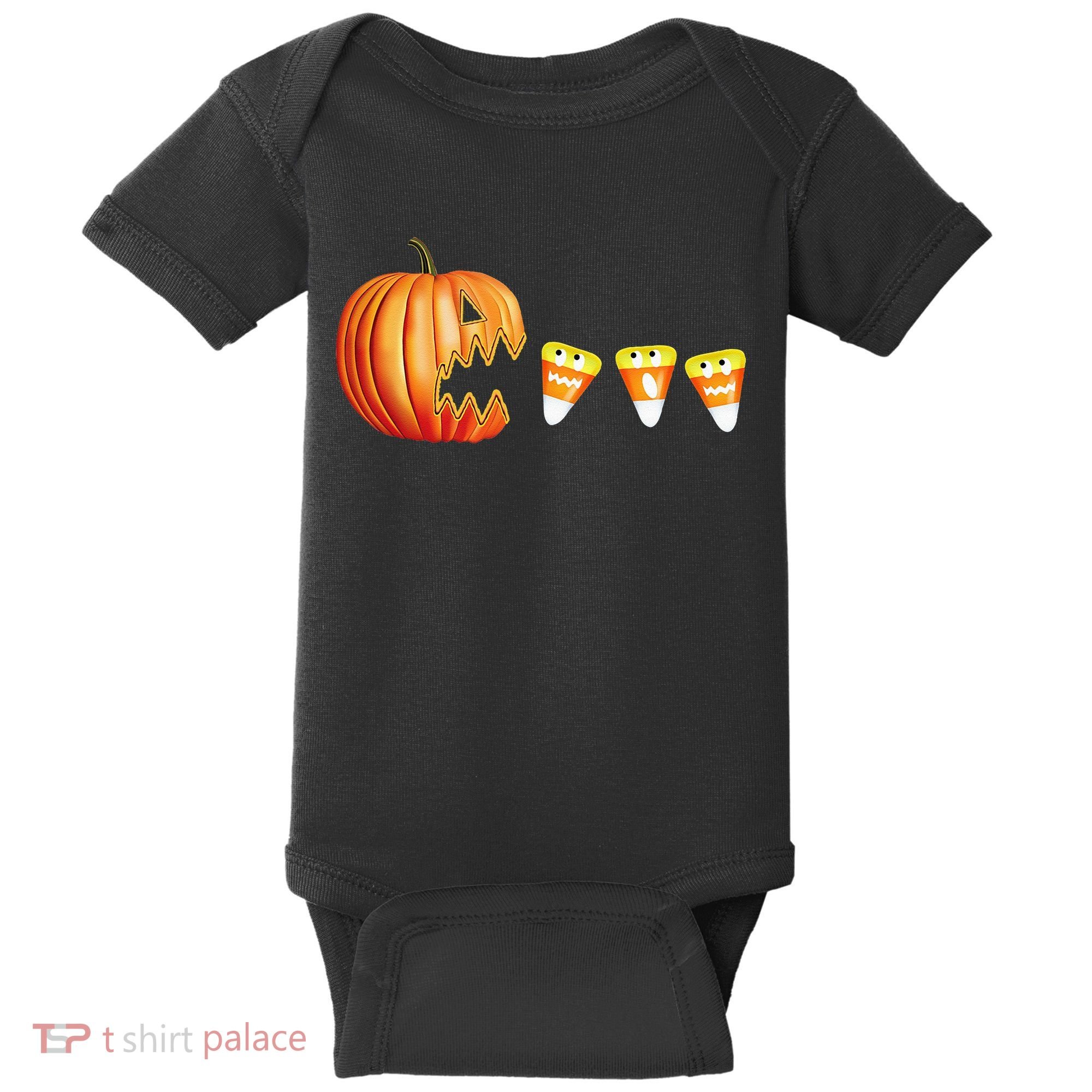 Funny Halloween Pumpkin Jack O Lantern Eating Candy Corn Baby Bodysuit