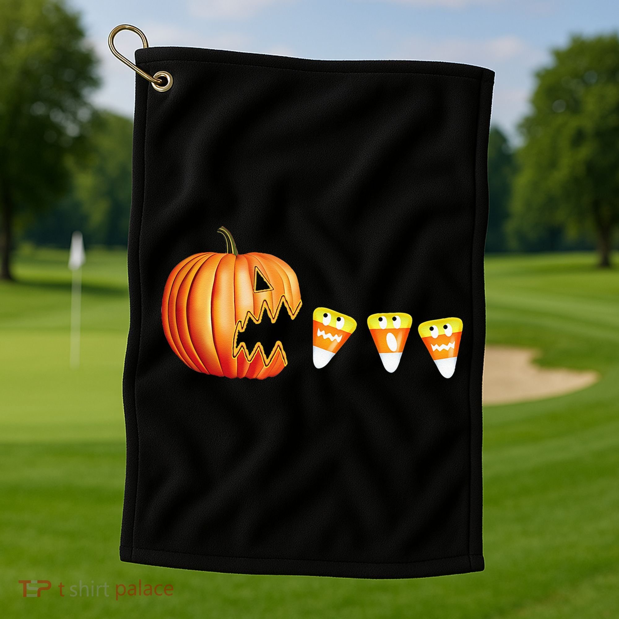 Funny Halloween Pumpkin Jack O Lantern Eating Candy Corn Golf Towel