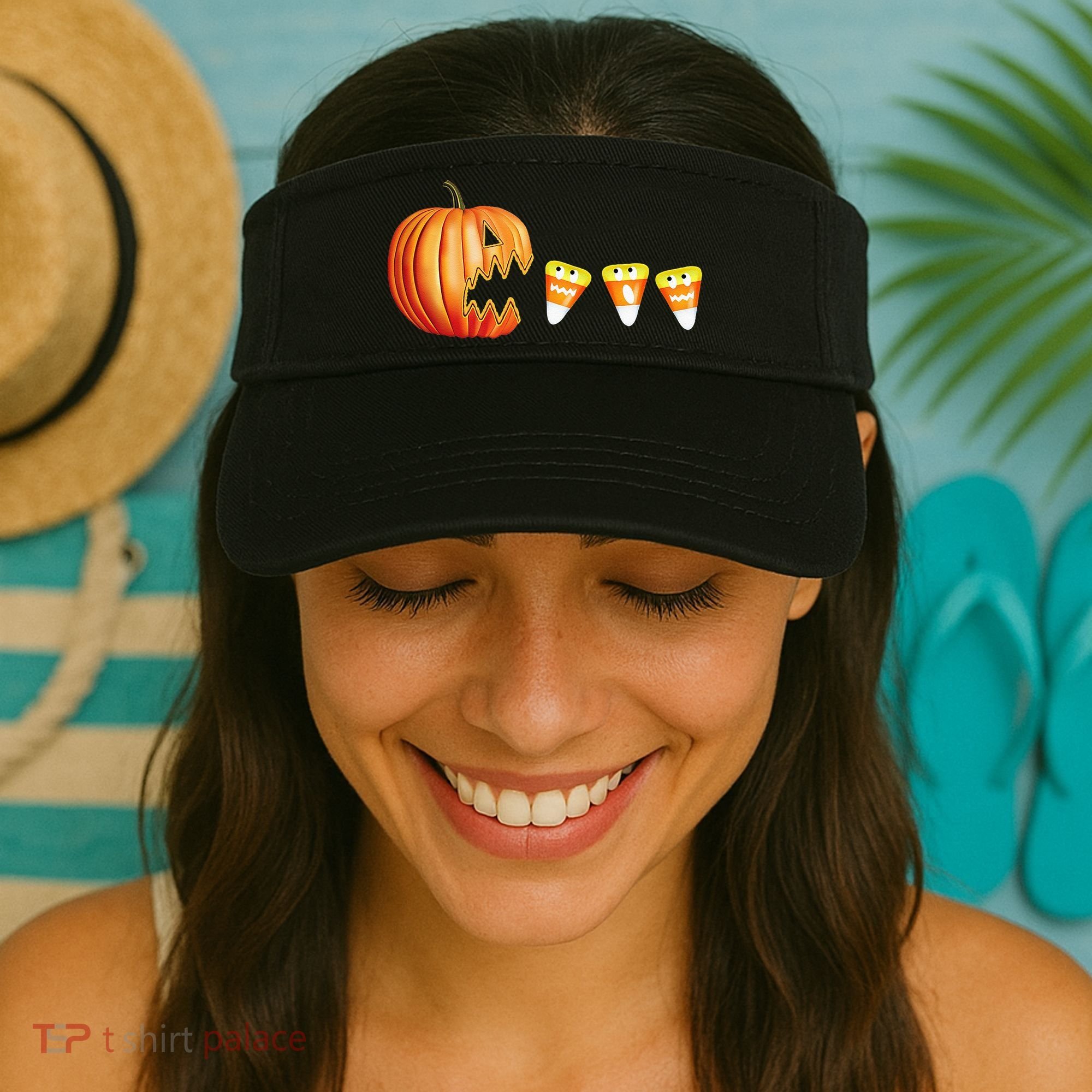 Funny Halloween Pumpkin Jack O Lantern Eating Candy Corn Visor