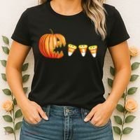 Funny Halloween Pumpkin Jack O Lantern Eating Candy Corn Women's T-Shirt thumb 2