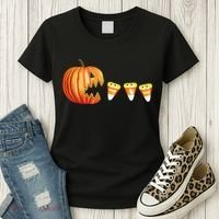 Funny Halloween Pumpkin Jack O Lantern Eating Candy Corn Women's T-Shirt thumb 3