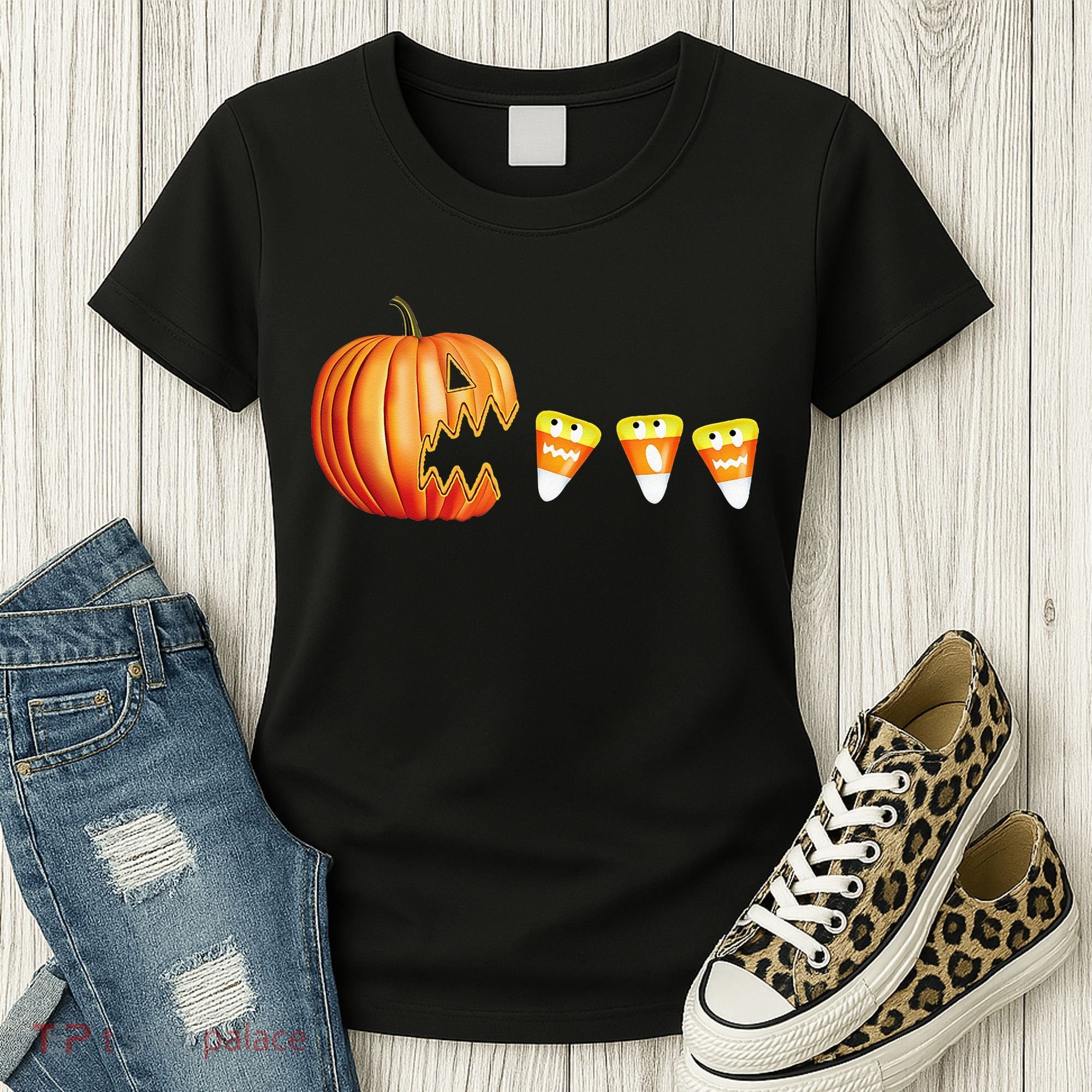 Funny Halloween Pumpkin Jack O Lantern Eating Candy Corn Women's T-Shirt