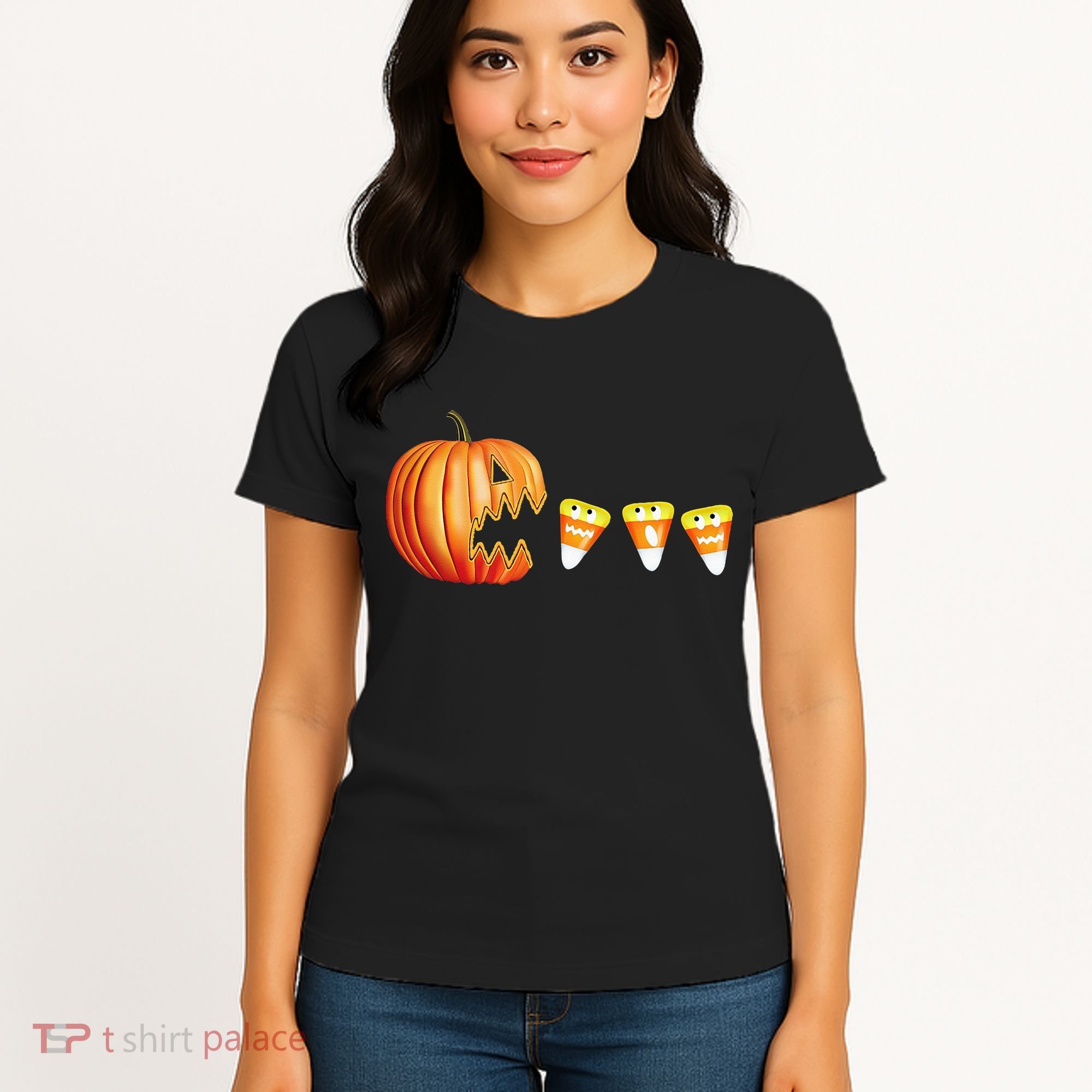 Funny Halloween Pumpkin Jack O Lantern Eating Candy Corn Women's T-Shirt
