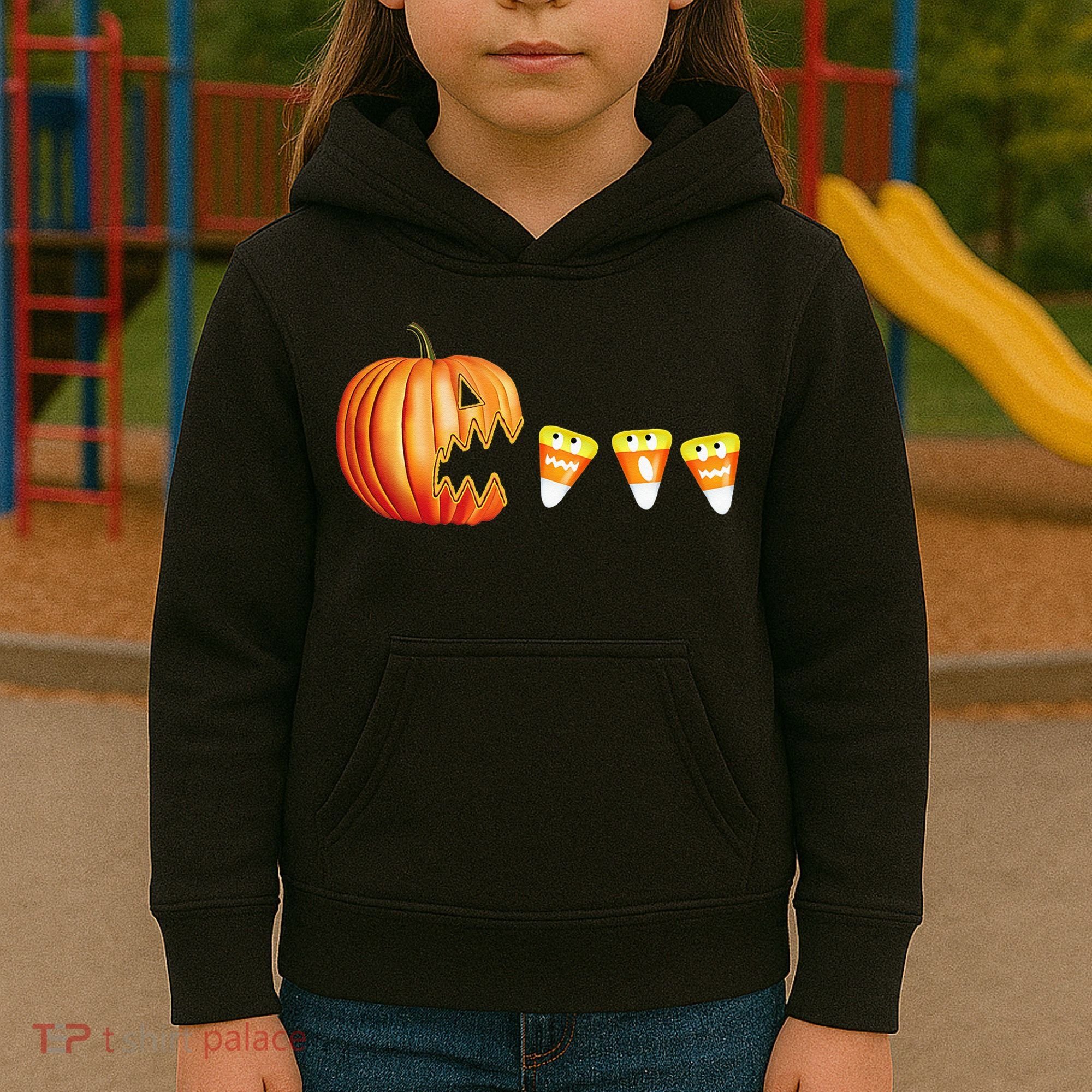 Funny Halloween Pumpkin Jack O Lantern Eating Candy Corn Kids Hoodie