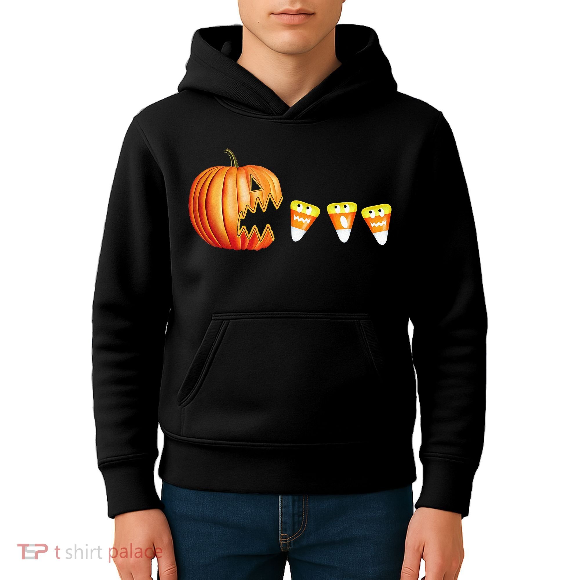 Funny Halloween Pumpkin Jack O Lantern Eating Candy Corn Kids Hoodie