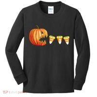 Funny Halloween Pumpkin Jack O Lantern Eating Candy Corn Kids Long Sleeve Shirt thumb 0