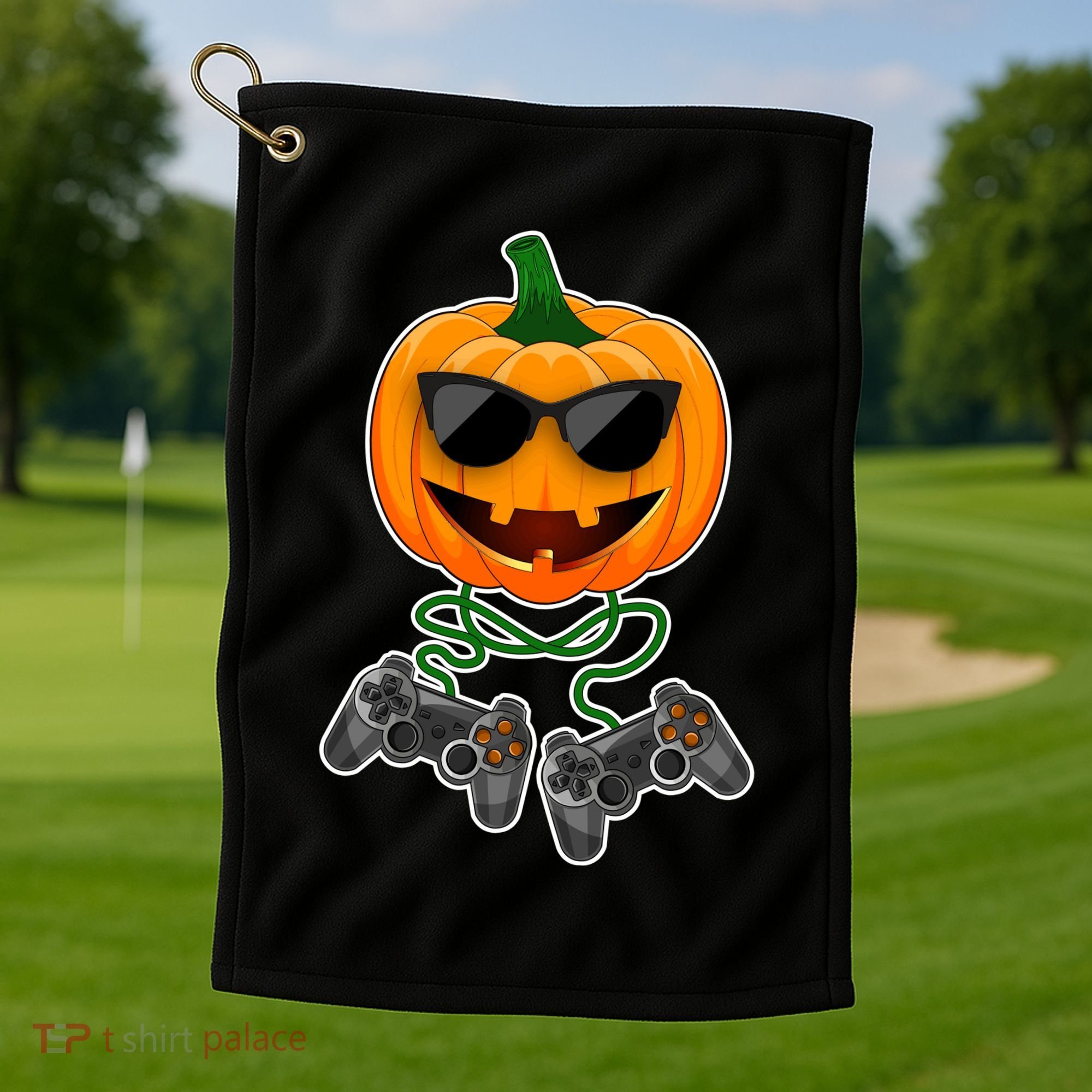 Funny Halloween Pumpkin Video Gamer Golf Towel