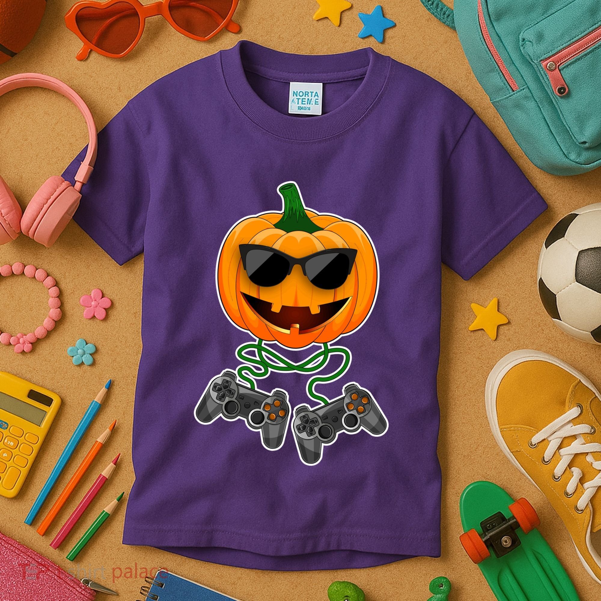Funny Halloween Pumpkin Video Gamer Kids T-Shirt