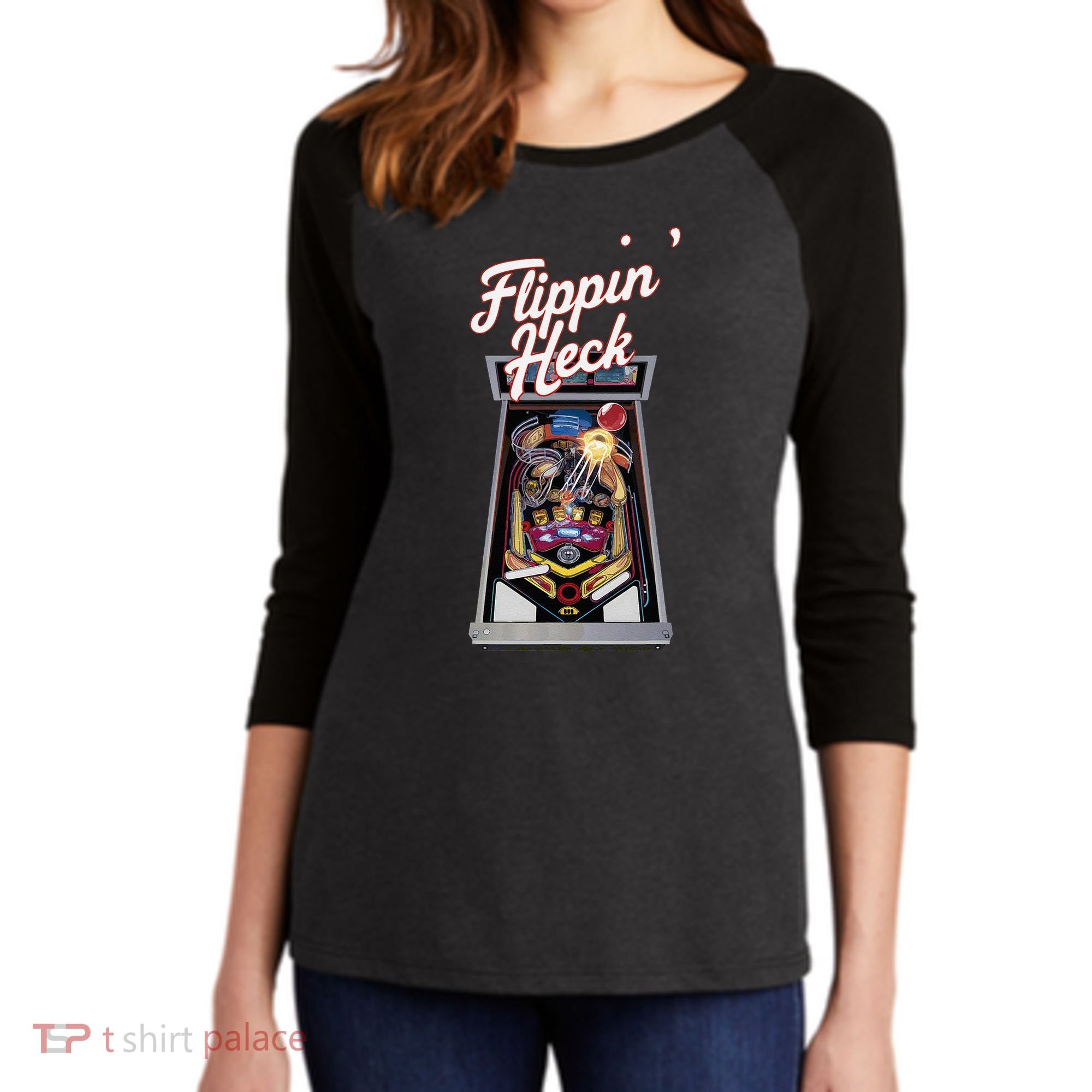 Flippin Heck Pinball Machine Gaming Arcade Women's Tri-Blend 3/4-Sleeve Raglan Shirt
