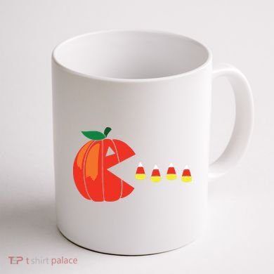 Funny Halloween Pumpkin Eating Candy Corn Coffee Mug back