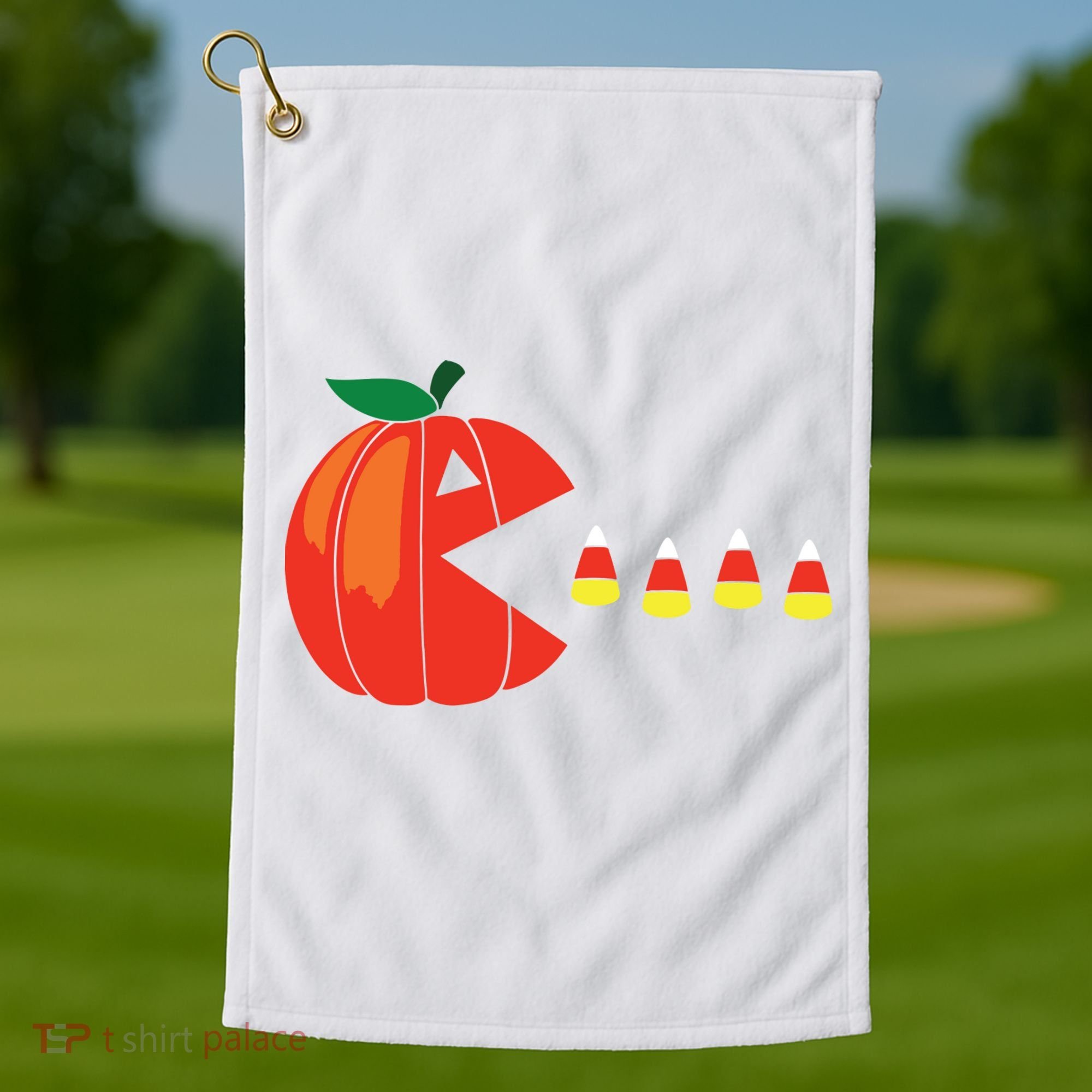 Funny Halloween Pumpkin Eating Candy Corn Golf Towel