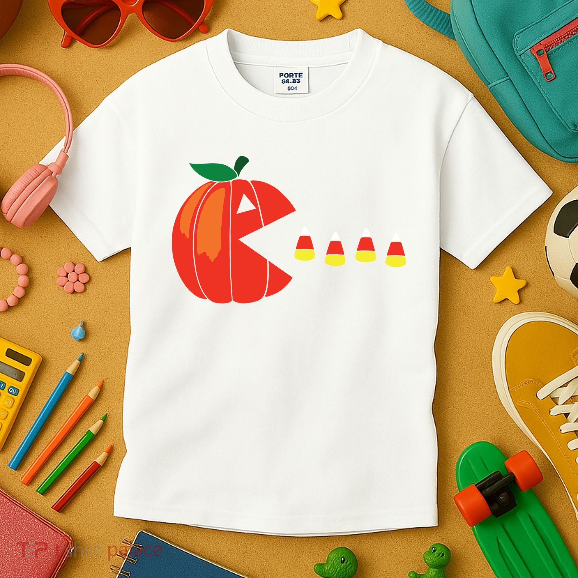 Funny Halloween Pumpkin Eating Candy Corn Kids T-Shirt