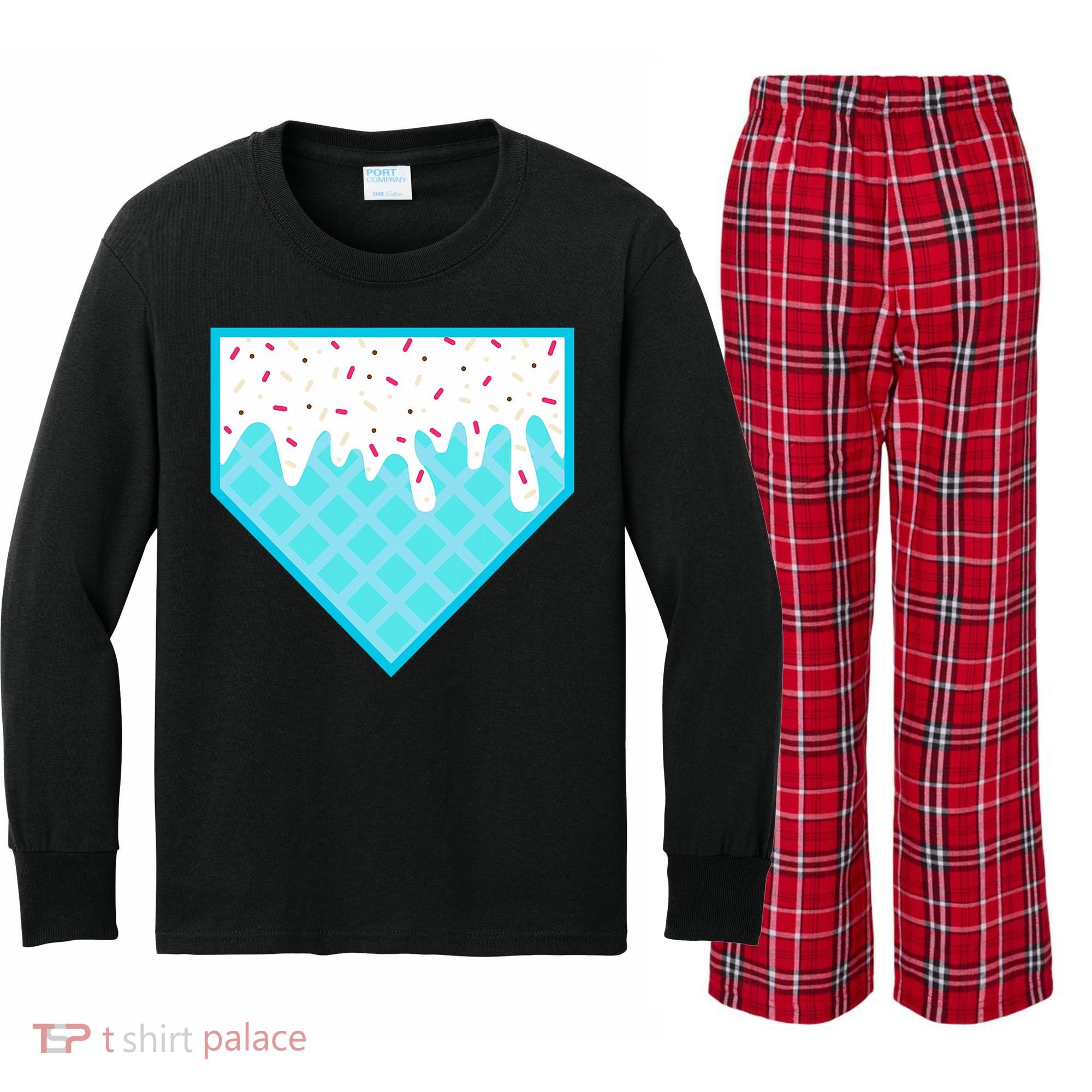 Funny Home Plate Drip Ice Cream Softball & Baseball Kids Long Sleeve Plaid Pajama Set
