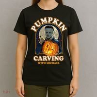Funny Halloween Pumpkin Carving With Michael T-Shirt thumb 4