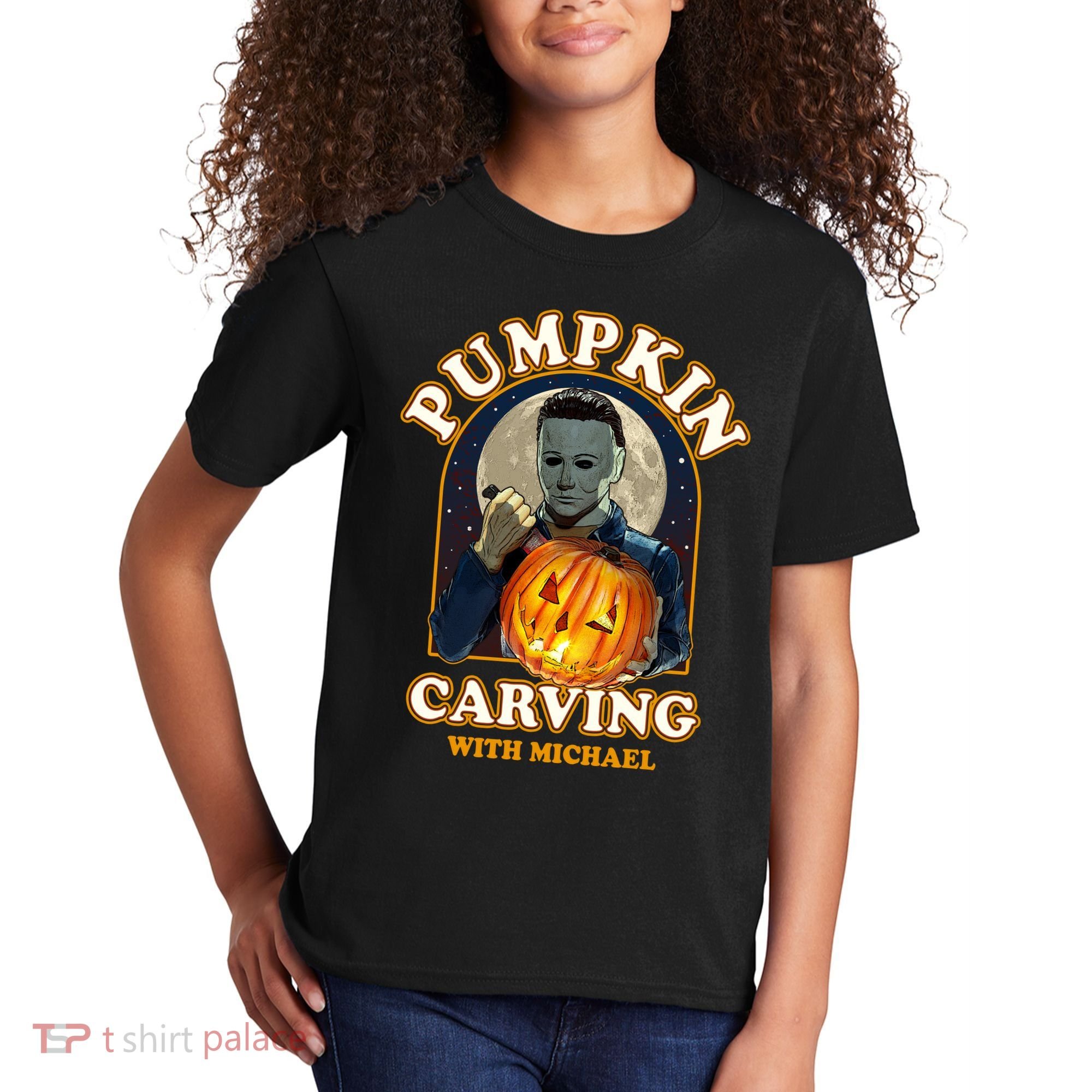 Funny Halloween Pumpkin Carving With Michael Kids T-Shirt