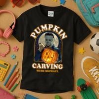 Funny Halloween Pumpkin Carving With Michael Kids T-Shirt thumb 3