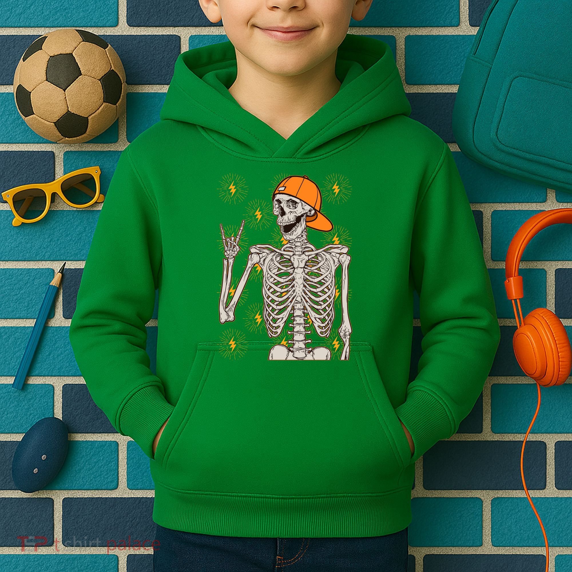Funny Halloween Rock On Skeleton Kids Hoodie