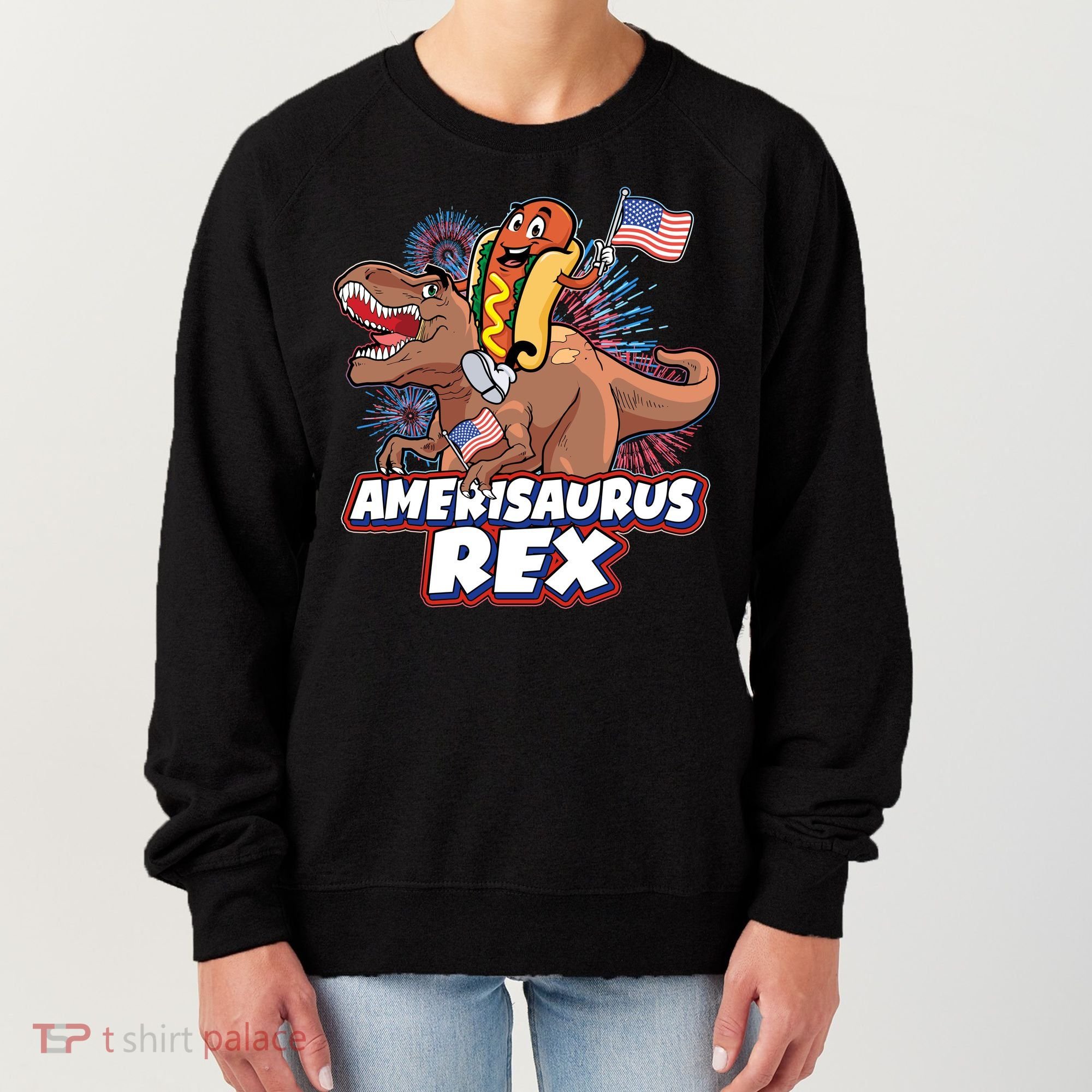 Funny Hotdog Riding Amerisaurus Rex Dinosaur Women's Sweatshirt