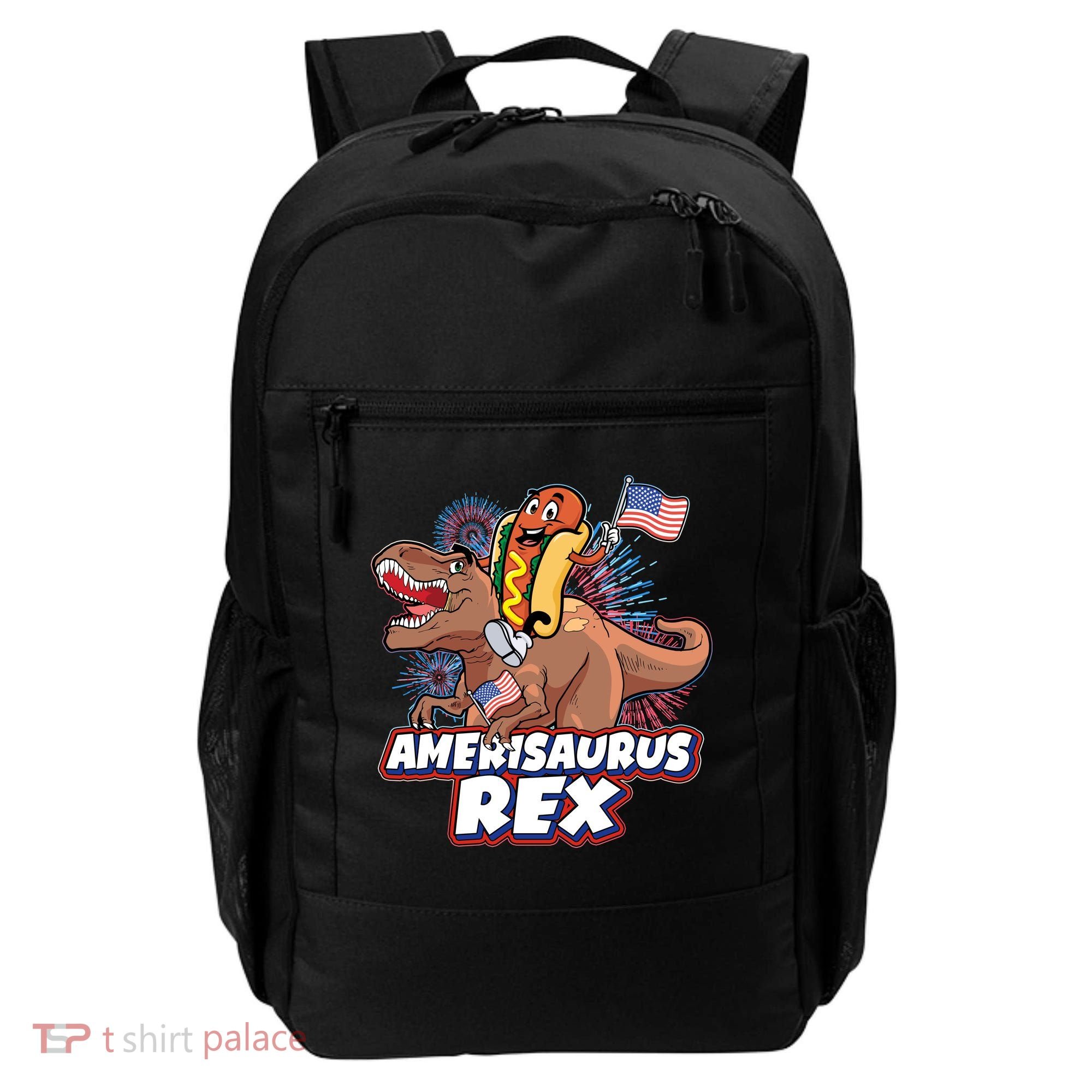 Funny Hotdog Riding Amerisaurus Rex Dinosaur Backpack