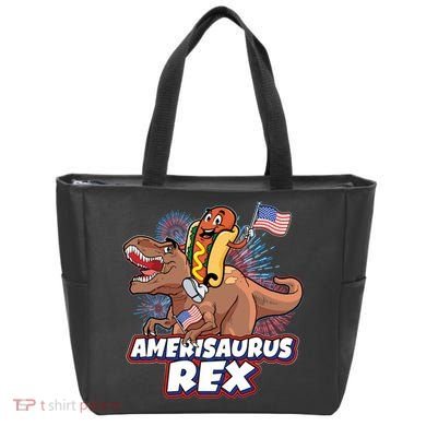 Funny Hotdog Riding Amerisaurus Rex Dinosaur Tote Bag