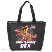 Funny Hotdog Riding Amerisaurus Rex Dinosaur Tote Bag thumb 0